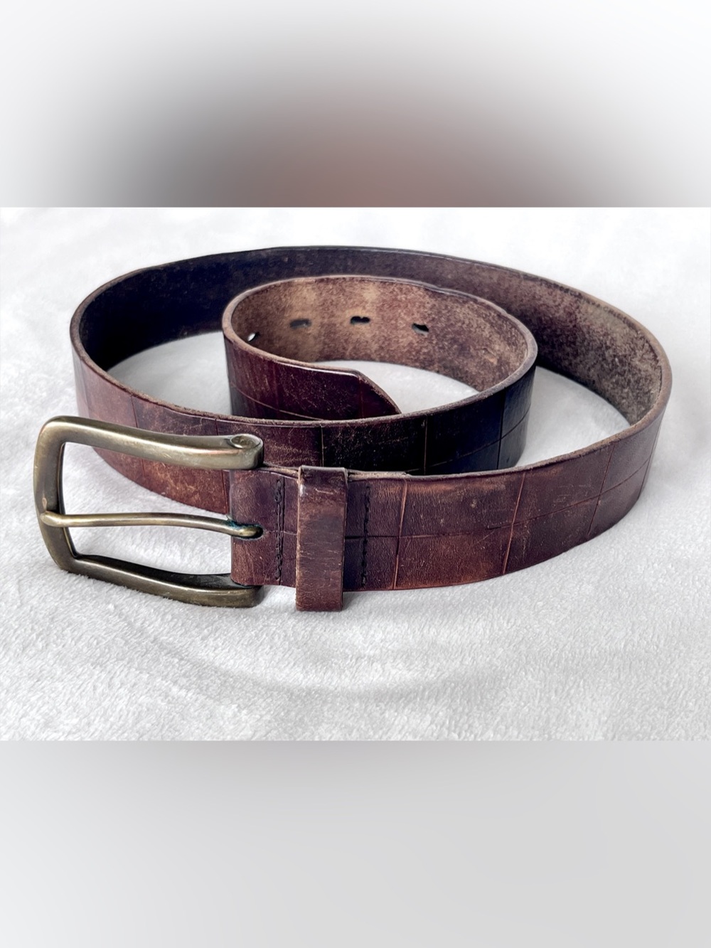 Vintage Levi's Brown Croc Embossed Leather Belt Antique Brass Buckle